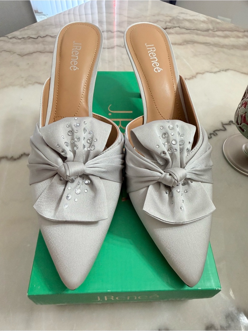 J.Renee Silver Bow Pointed Mules with Crystal Accents